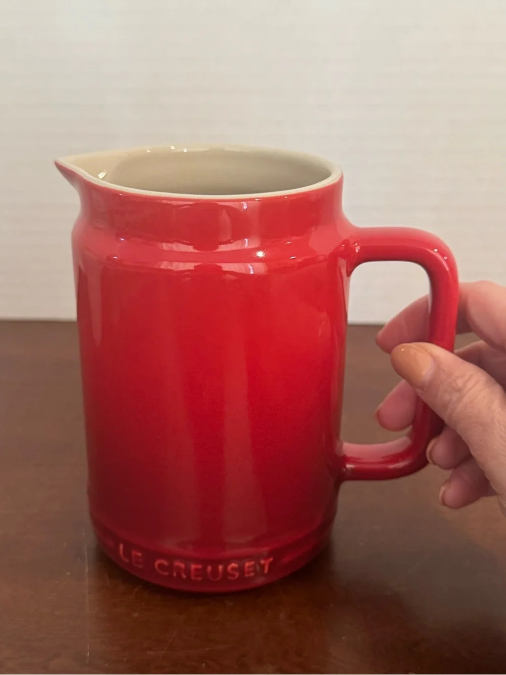 Le Creuset NEW cerise red Stoneware BBQ Sauce Jar Pitcher with Handle